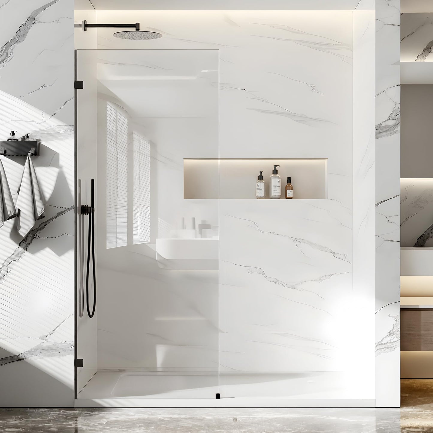 Shower Glass Panel Fixed Shower Screen, 32” W x 78” H 3/8” 10mm Single Frameless Shower Doors for Walk in Shower with Clear Tempered Glass Explosion-Proof Film for Bathroom, Matte Black Hardware
