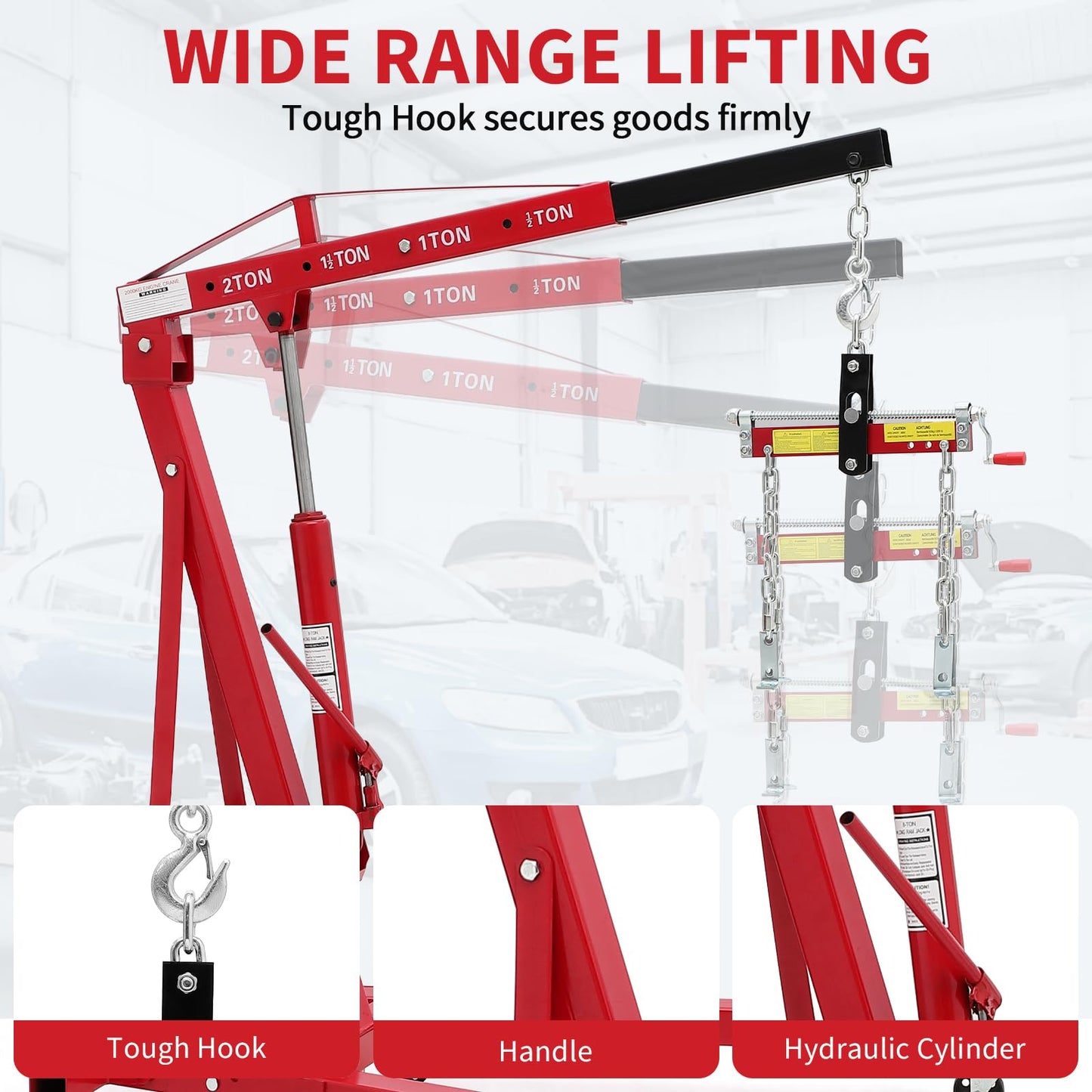 2 Ton Folding Hydraulic Engine Hoist with Load Leveler 4400 LBS Capacity Heavy Duty Cherry Picker 6 Swivel Wheels&Hydraulic Pump Adjustable Boom (0.5T-2T) for Garage Workshop Warehouse Orange