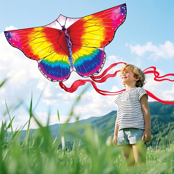 Large Butterfly Kite for Kids & Adults, 55" x 28" Easy to Fly Single Line Kite for Kids Ages 4-8, 8-12, Comes with 300 FT Kite String Handle