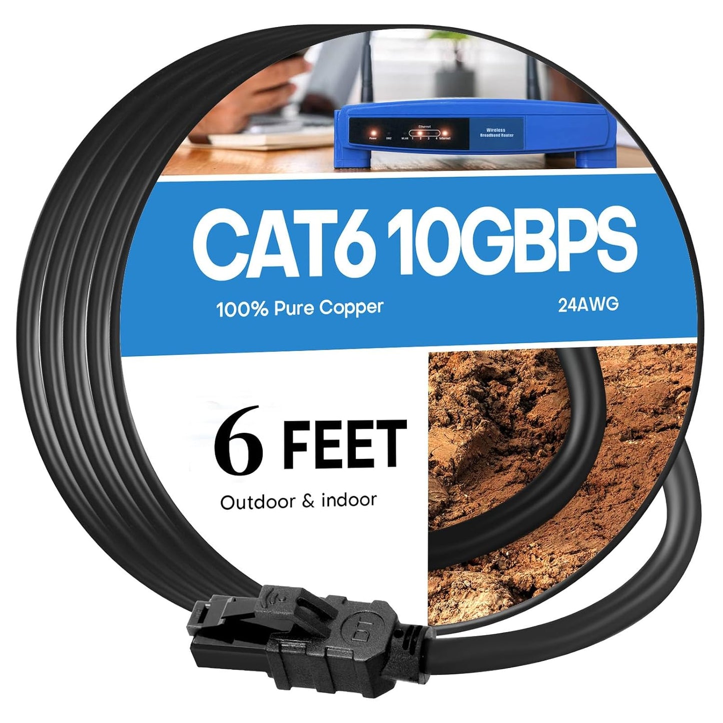 CYCMIA 6ft 6 RJ45 10Gbps 7/8, 6 Cat Ethernet Cable, Flat LAN Network Cable, Speed, Indoor & Outdoor Use, Compatible