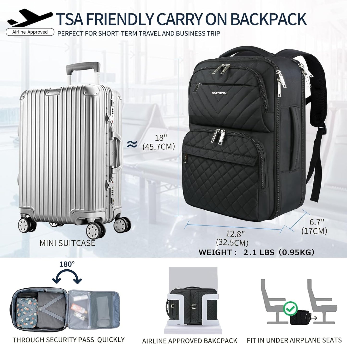 Backpack Backpack 17 inch Backpack Daypack EMPSIGN Travel for Women, Large Carry On Airline Approved Personal Item, TSA