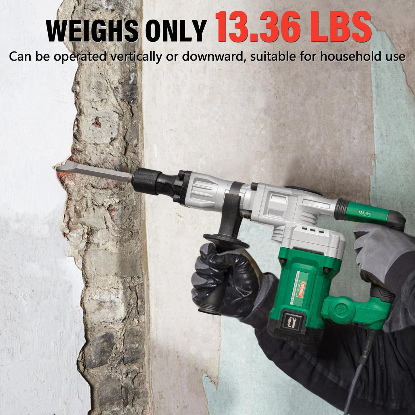 Deshuo 13 lb. Demolition Jack Hammer with 5/8" Hex Shank, 1200W 11-Amp Mini Corded Electric Concrete Demo Chipping Breaker Tile/Floor Removal with Carrying Case, Flat & Bull Point Chisel