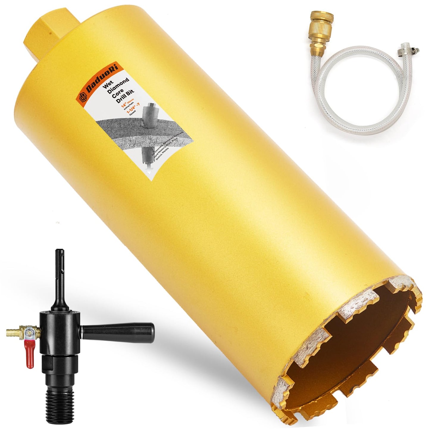 DaduoRi 7" Wet Core Drill Bit with Water Injection Capable Adapter for SDS Plus Shank - Includes Solid Brass Quick Connector and Hose - Convenient 1 1/4"-7 Thread Core Bit with Water Feed Design