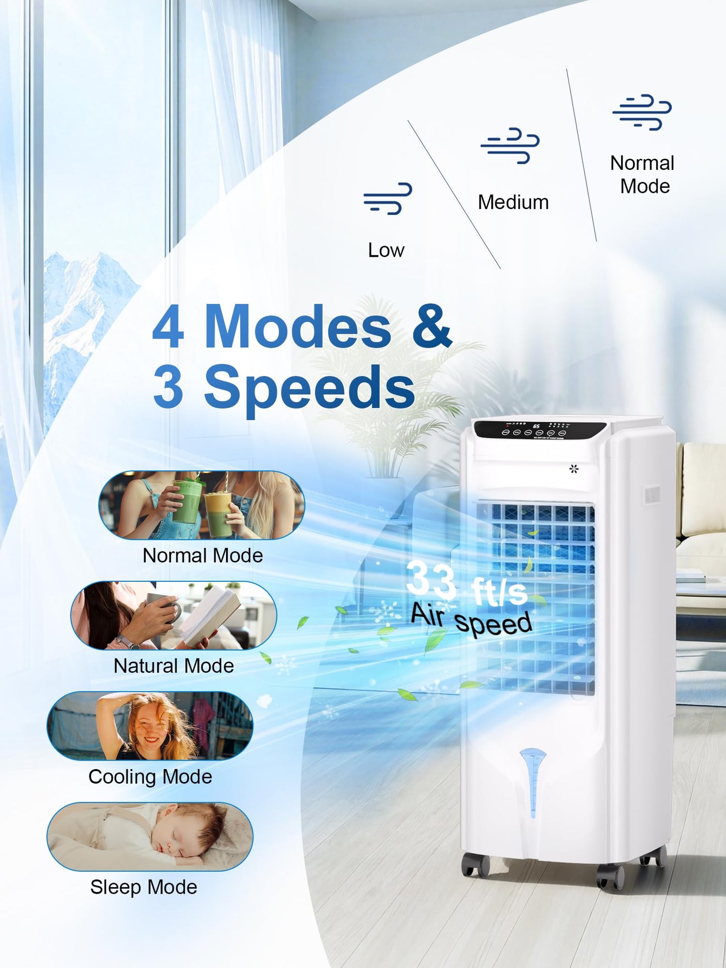 Uthfy 32" Evaporative Air Cooler with 4 Ice Packs, 4 Modes & 3 Speeds, Swamp Cooler with 4.2 Gal Water Tank, 120° Oscillation, 12H Timer, Remote, White, Portable Air Conditioner for Bedroom, Office