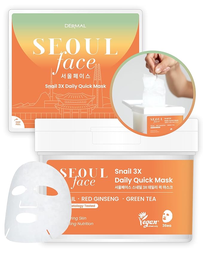 DERMAL Seoul Face Snail 3X Daily Quick Mask 36 Sheet ??Korean Skincare Vegan Tencel Facial Masks - Skin Repairing, Anti Aging Face Mask Sheets with Ginseng Root, Green Tea Leaf Extract