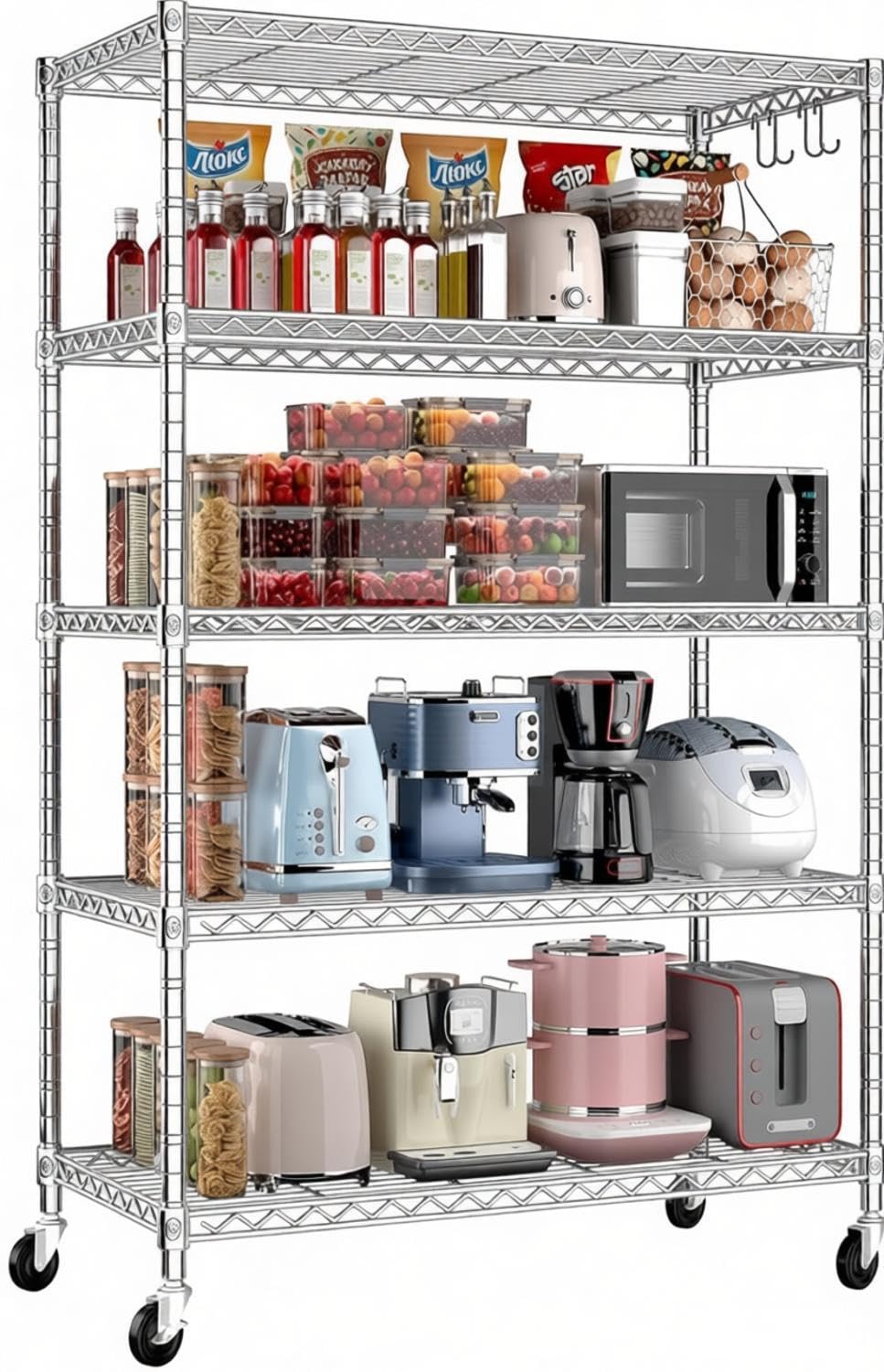 Xcity Storage Shelves, 5 Tier Heavy Duty Metal Shelving Unit with Wheels, 2000 LBS Adjustable Steel Wire Shelf for Commercial, Pantry, Kitchen, Garage, 18" D x 36" W x 72" H, Chrome
