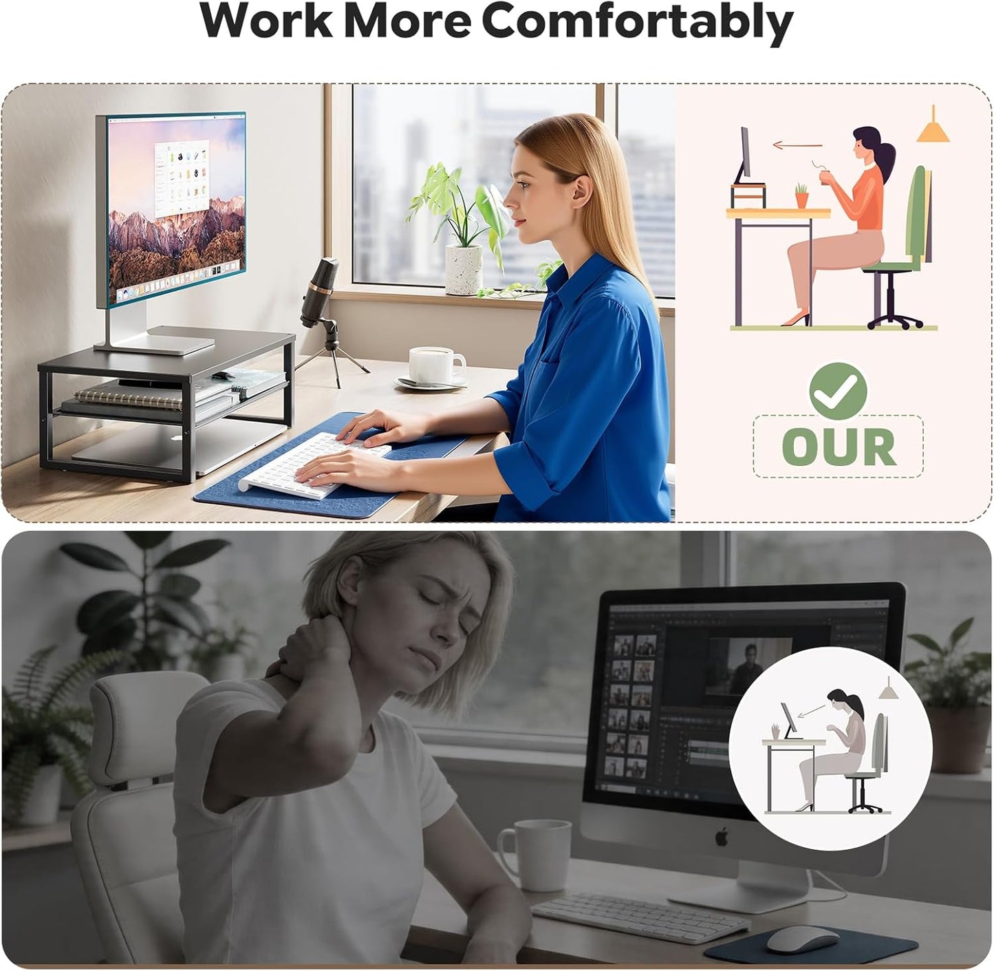 2-Tier Ekisemio Computer Monitor Stand Riser, Desk Organizer for Monitor, Black