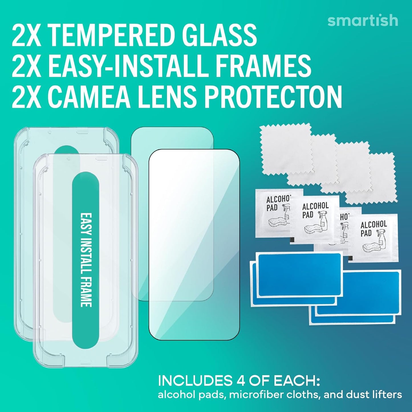17 2-Pack 9H 17 2-Pack Smartish iPhone Screen Protector + Camera Lens Covers - Tuff Sheet - Tempered Glass Easy Install