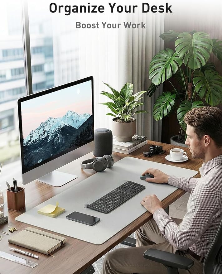Aothia Faux Leather Desk Mat - Non-Slip PU Leather Desk Blotter, Waterproof Writing Surface, Large Desk Pad for Office & Home (Barely Grey, 55" x 24")