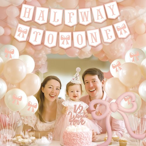 Half Birthday Decorations for Baby Girl – Bow Birthday Hat, Half Way to One Banner, Bow Balloons, 1/2 Cake Topper, 6 Months Party Supplies