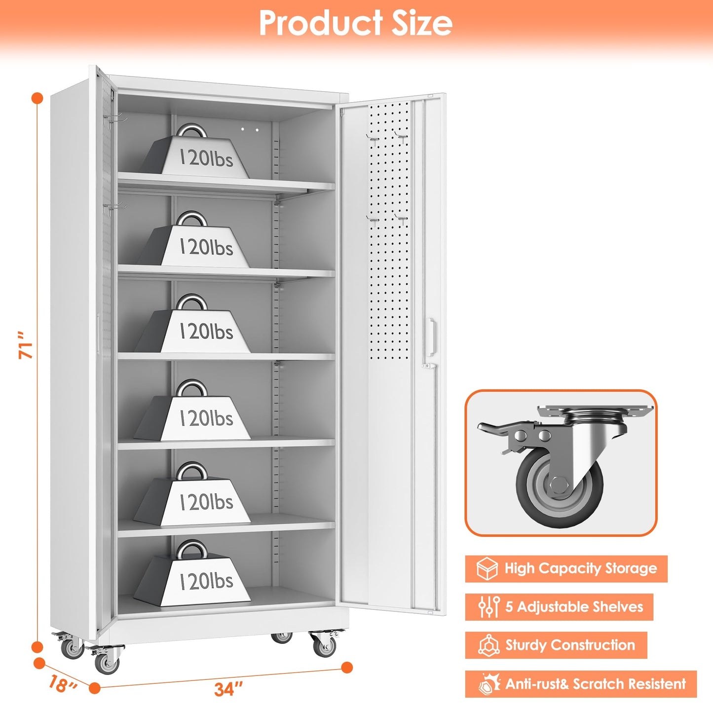 Aobabo Upgrade 71H''*34''W*18''D Metal Garage Storage Cabinet with Wheels and Pegboards, 5 Adjustable Shelves Steel Storage Cabinets for Home,Warehouse,Garage,Assembly Required,White