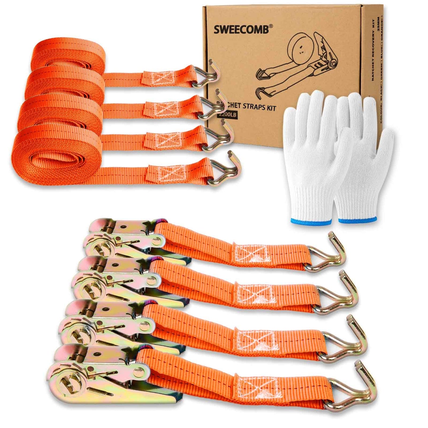 Ratchet Straps (4-Pack), 1 Inch x 16.4 Feet (2200lb Break Strength) with Sturdy Metal Hooks, 1x Work Gloves, Heavy Duty Tie Down Straps for Truck, Cargo Trailer, Motorcycle, Luggage, Moving (Orange)