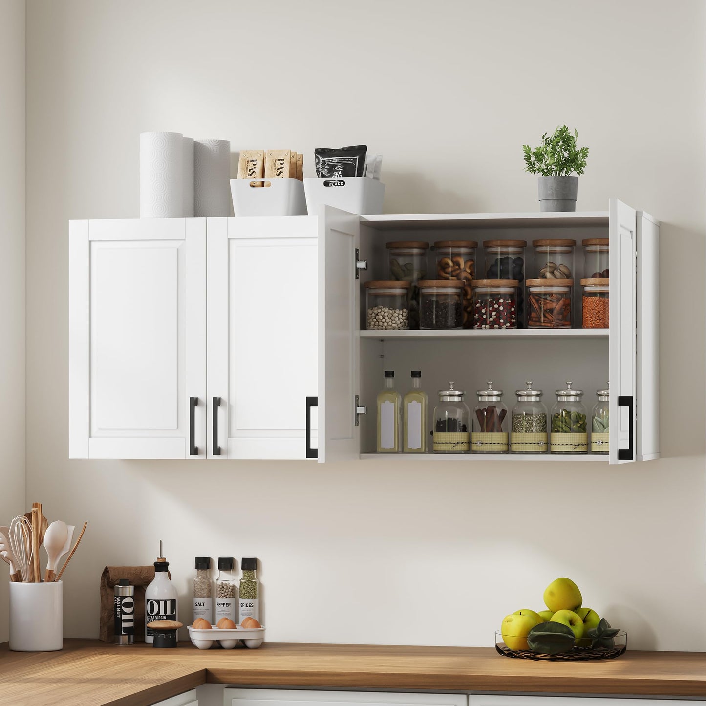 ChooChoo Laundry Room Cabinets, 4 Doors Wall Mounted Storage Cabinet, Kitchen Wall Storage, Bathroom Wall Cabinet, White