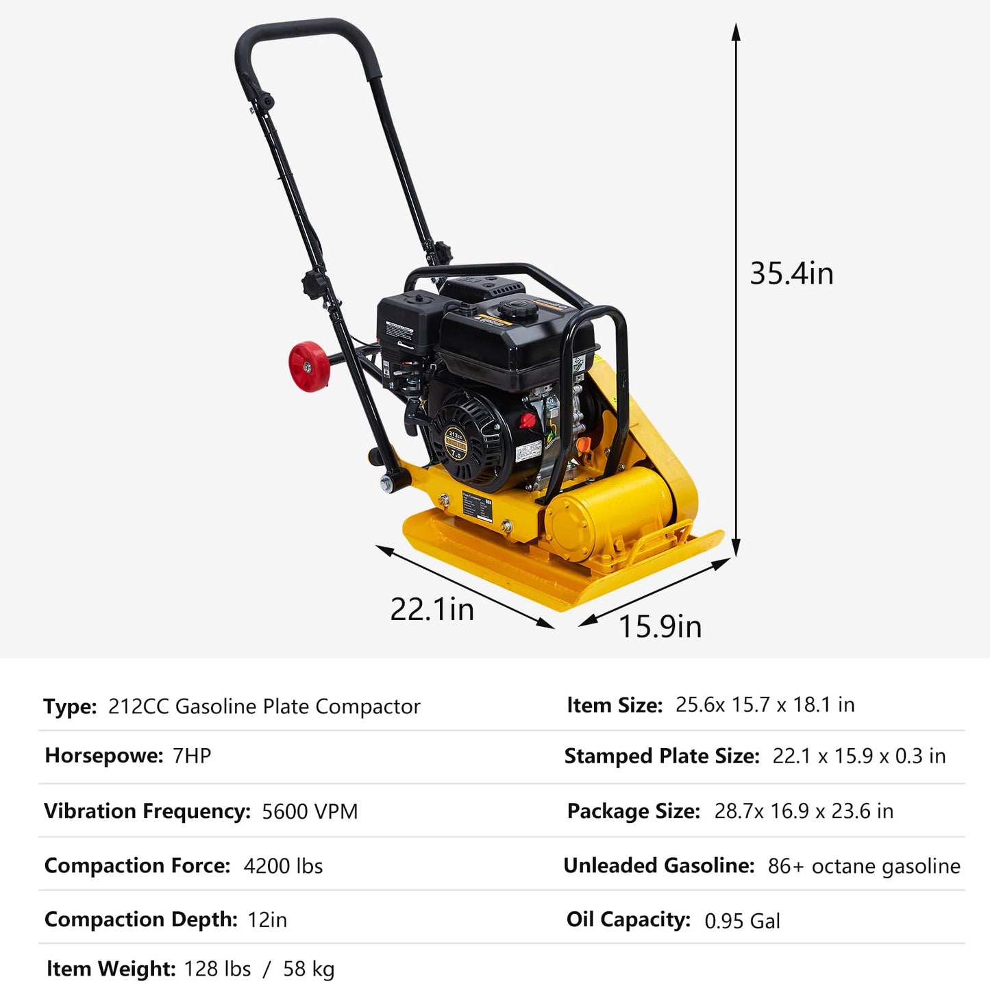7HP Plate Compactor, 212CC Gas Engine, 4200lbs Power Jumping Jack Tamper, 22.1x15.9 in Plate Compaction Force Rammer Jumping Jack Tamper, 5600 VPM Pavement Compactor for Asphalts, Walkway