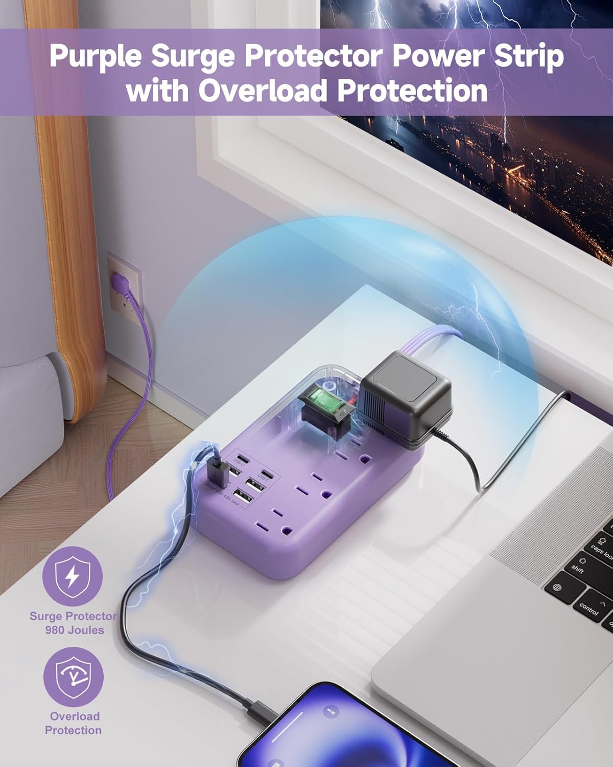 Beeiker 6 USB(2 5Ft 24W 4 USB C) Purple Travel Power Strip- Lavender Extension Cord with USB Charging Station