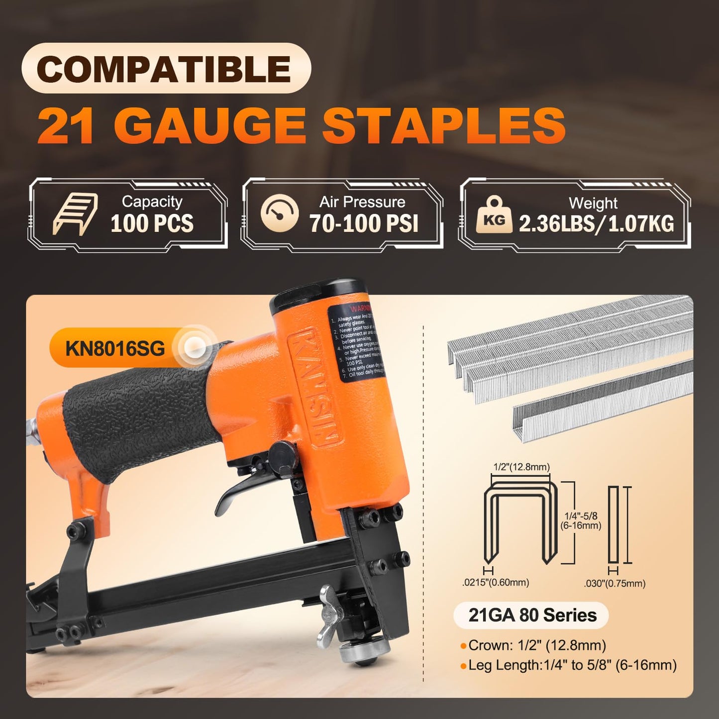 KAMSIN KN8016SG 21 Gauge Pneumatic Upholstery Stapler Continuous Firing with Guide Roller, 1/2'' Crown Staples, 1/4'' - 5/8'' Length, Air Power Upholstery Staple Gun for Furniture and Fabric