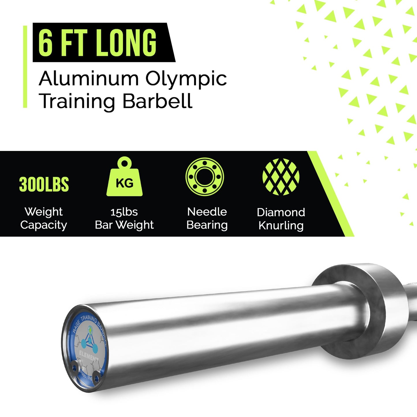 Rage Fitness Olympic Training Barbell (6FT) (15 Pound Weight) (300 LBS Capacity), Home Gym Fitness Equipment, Strength Training Workout Bar, Weight bar for Squats, Deadlift, Weightlifting, Bench Press