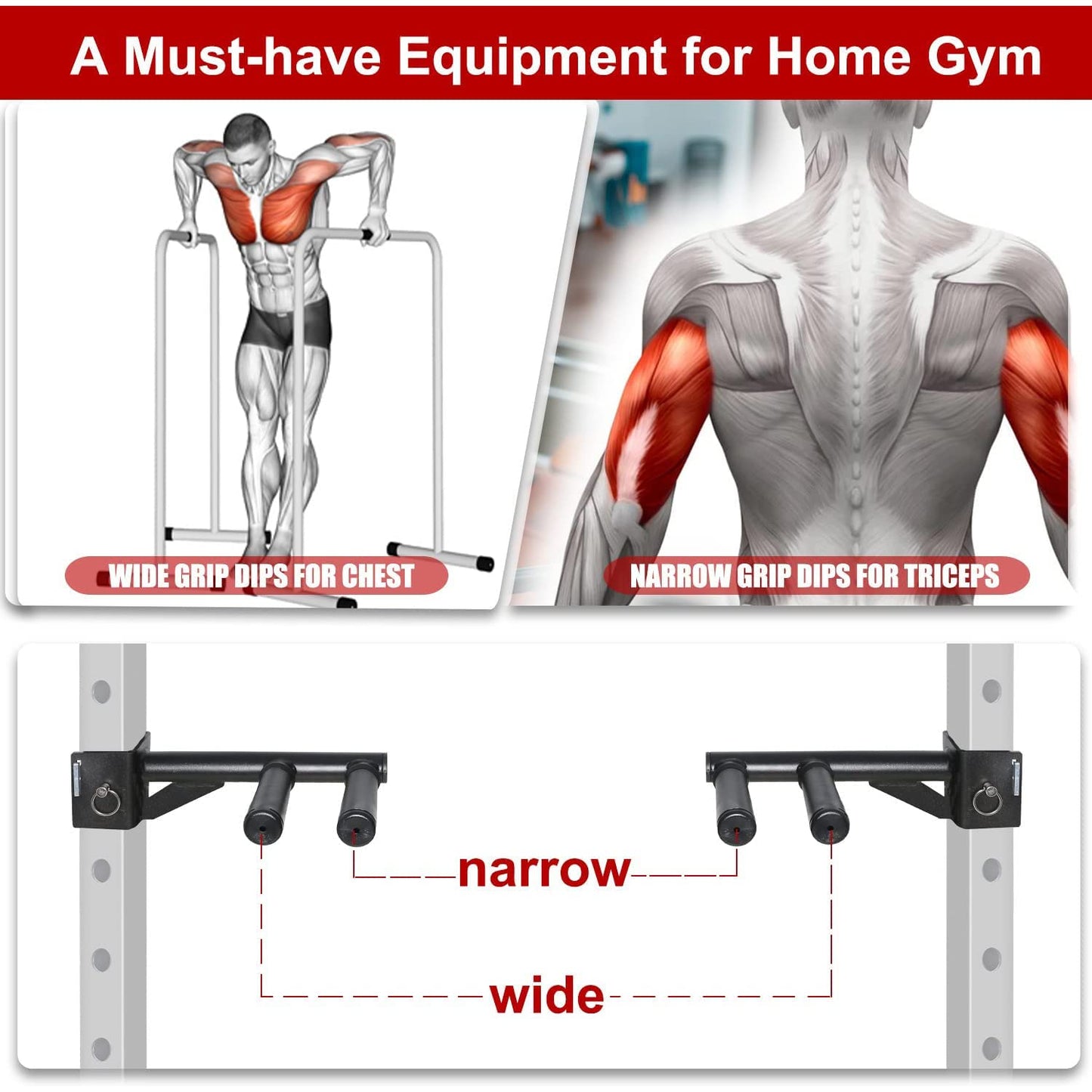 SYL Fitness Dip Bar Attachments for 2" x 2" or 3" x 3" Power Rack - Narrow & Wide Dips Double Handles (Patent Pending) (For 3" x 3" Rack)