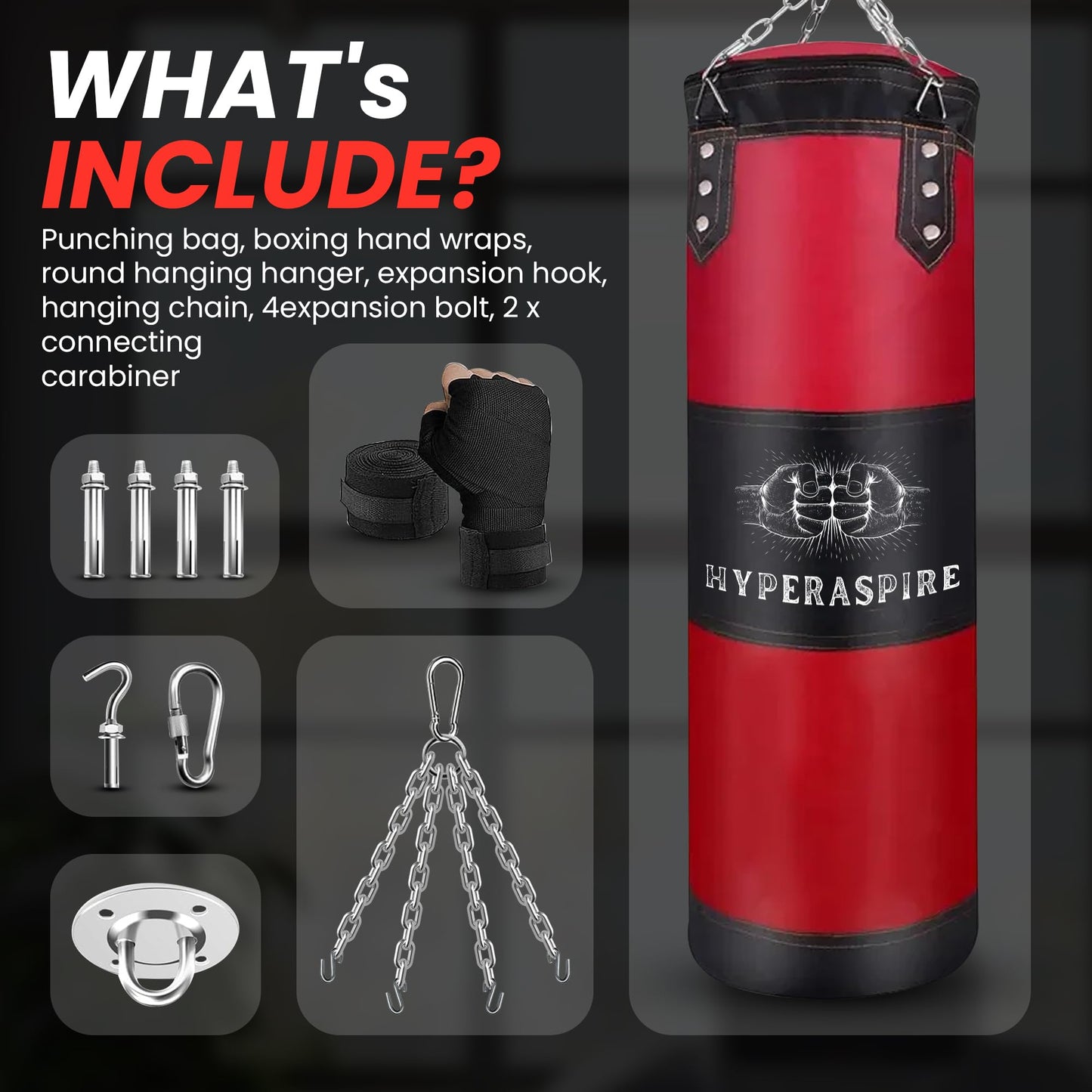Punching Bag for Adults 4FT, Heavy Boxing Bag Set with MMA Hand Wraps & Hanging Chain,120cm PU Leather Unfilled Kicking Bag for MMA Karate Kickboxing Home Gym Training