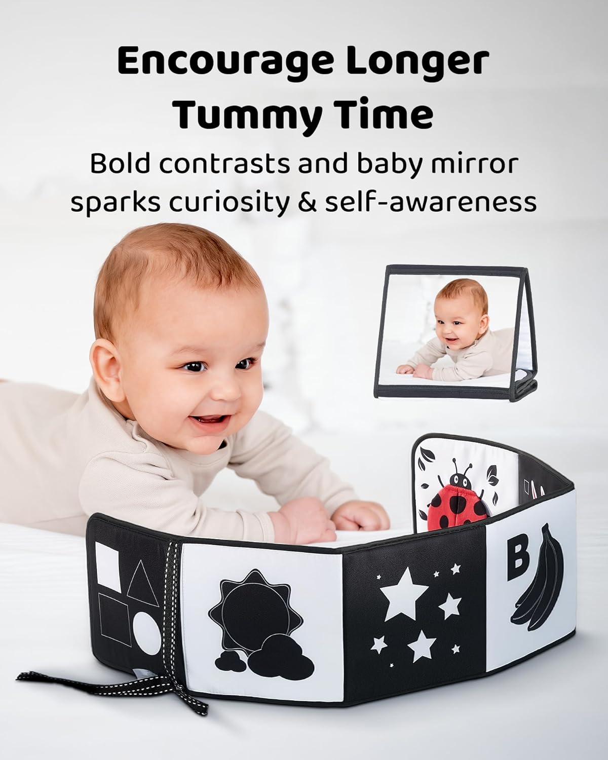 Skiennix Black and White Baby Books - Tummy Time Mirror & Soft Montessori Sensory Toy for Infants 0-6 Months