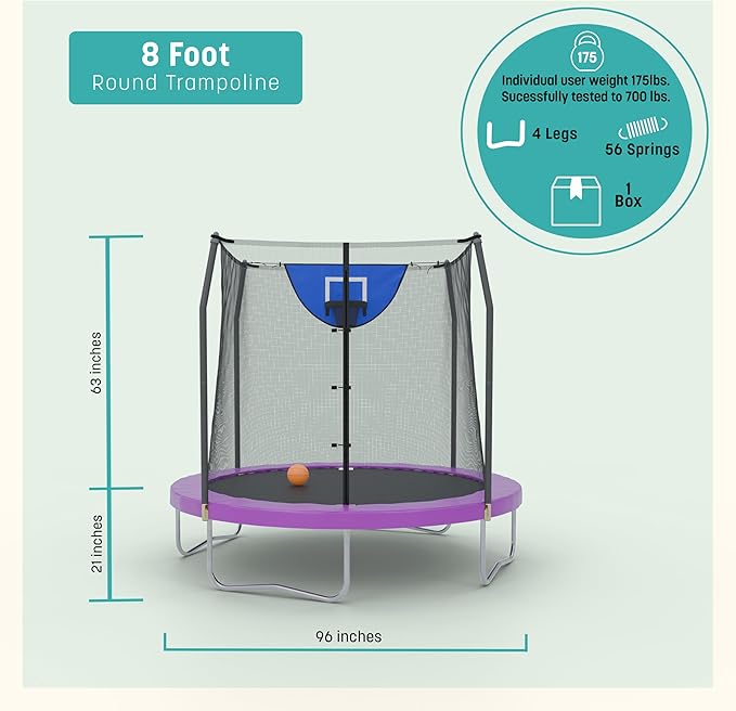 Skywalker Trampoline Outdoor 8 FT, 12 FT, 15 FT Jump N’ Dunk Round Outdoor Trampoline with Net, Trampoline Mat, and Basketball Hoop for Trampoline