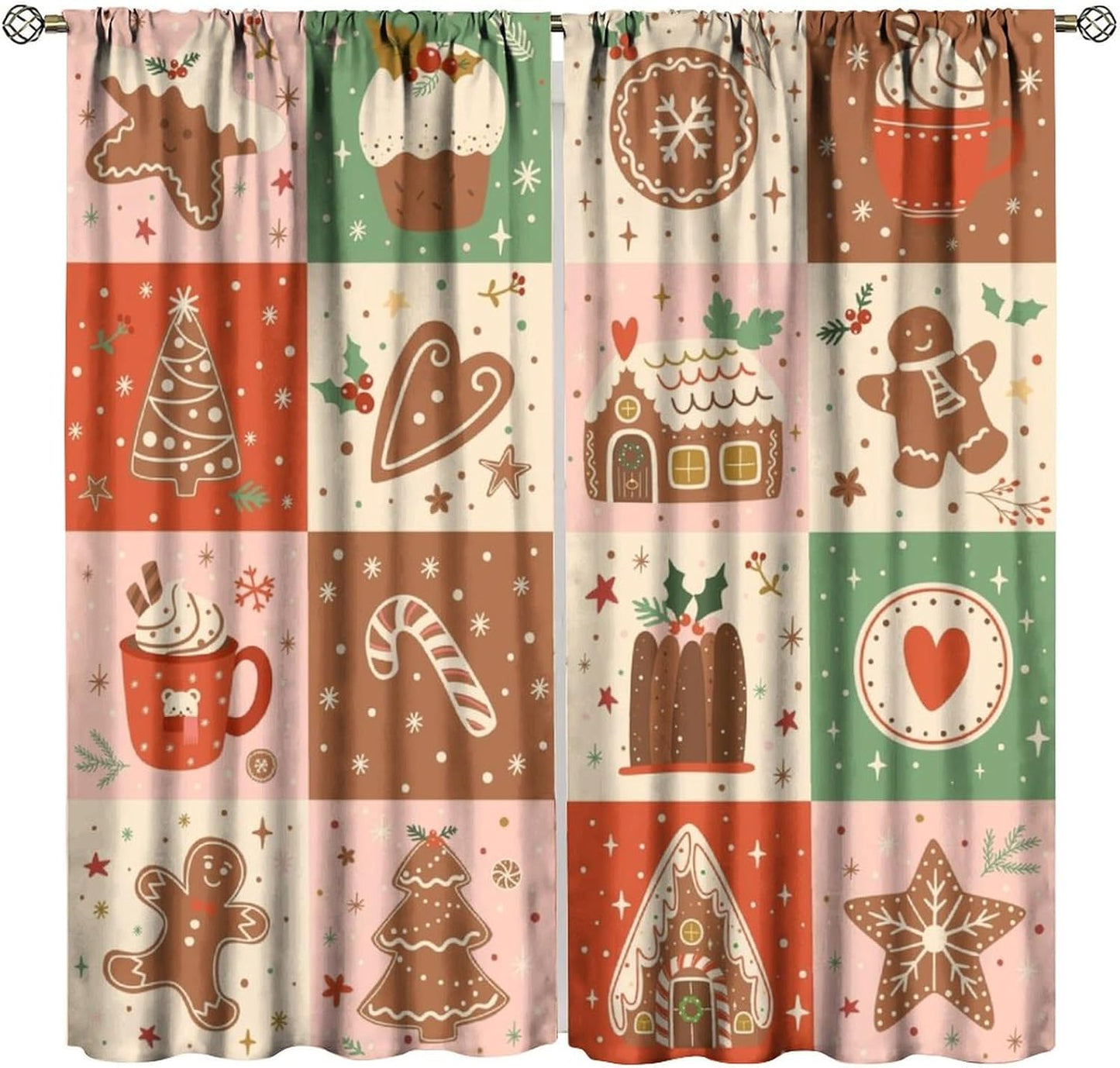 Regine Switzerland Christmas Patchwork Curtains - Hand-Drawn Gingerbread House Design | Winter Holiday Drapes (W20xL45 Inch) - Set of 2