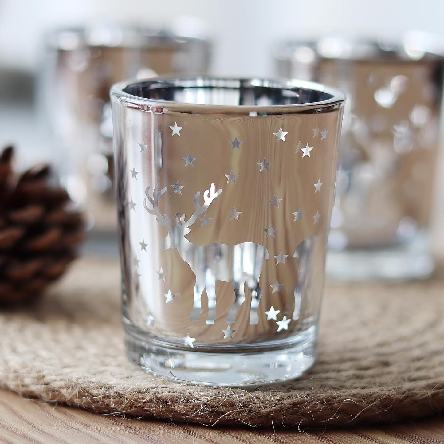 Skiennix Silver Votive Tealight Candle Holders - 12PCS Carved Reindeer Xmas Table Centerpiece Decor
