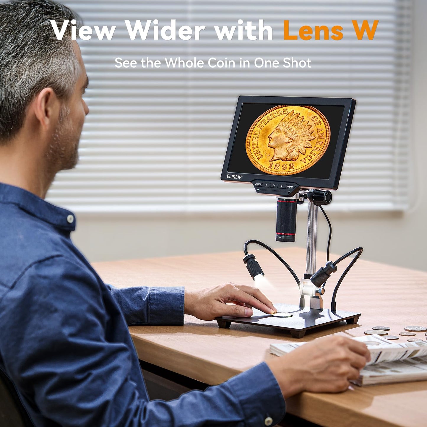 Elikliv 4K 3-Lens Digital Microscope: TL301-Magnetic Coin Microscope Magnifier Full Coin View, Soldering Microscopes for Adults with 7" IPS Screen, Side Lights, 10" Stand, PC/TV Compatible, 16GB