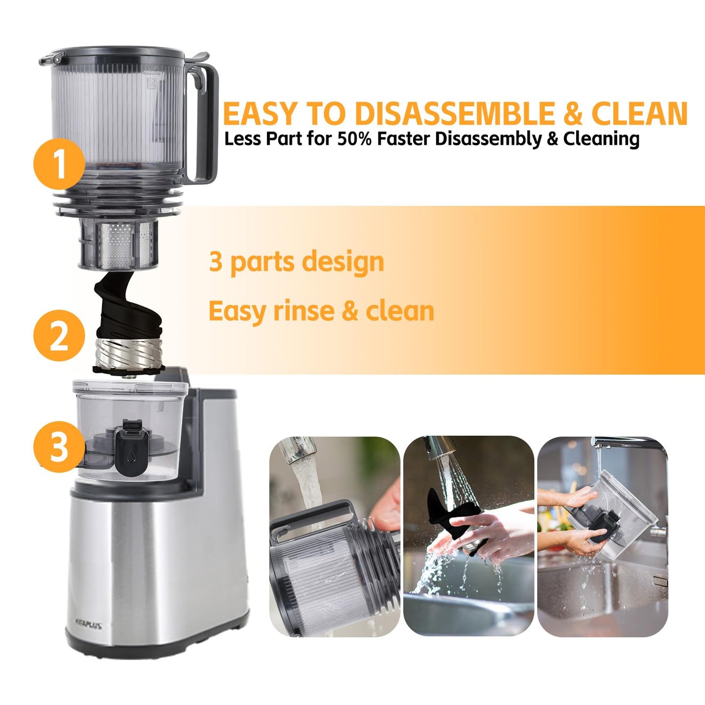 VITAPLUS Stainless Steel Auger Cold Press Juicer, AC Motor Slow Masticating Juicer, Plastic-Free Extractor for Whole Fruits & Vegetables, 5.8" Wide Chute, BPA-Free, Easy to Clean, FDA21 CFR Tested
