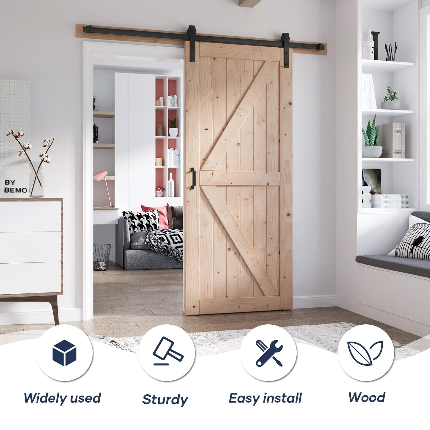 FREDBECK 34in x 84in Sliding Barn Door with 6FT Barn Door Hardware Kit Included Wood K Shape Solid Spruce Panel Need to Assembly