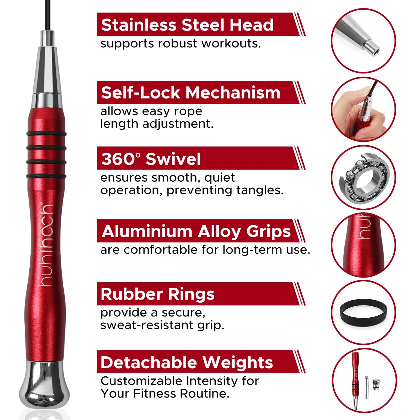 Huhloch Speed Weighted Jump Rope with Secure Lock Mechanism, 360° Smooth Swivel, Non-Slip Matte Textured Handles, Features 2 Performance Cords for Effective Fitness Workouts (Red)