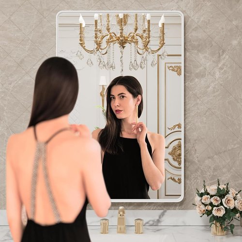 LOAAO White Metal Framed Bathroom Mirror - Large Rounded Rectangle, Anti-Rust, 24x36 Inch | Versatile Wall Mount