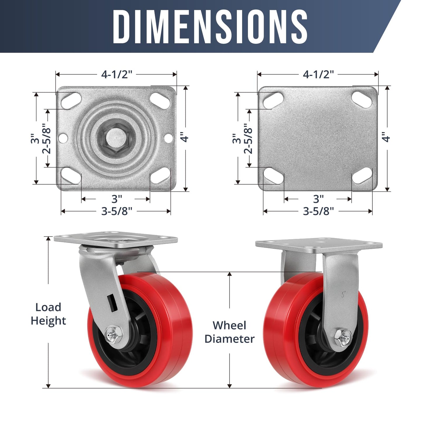 HANDSAMMU 5 inch Industrial Casters-Polyurethane on Polypropylene Swivel Casters, Heavy Duty Casters with 1000 lb Capacity, Caster Wheels for Toolbox, Workbench, Industrial Equipment(2 Pack Swivel)