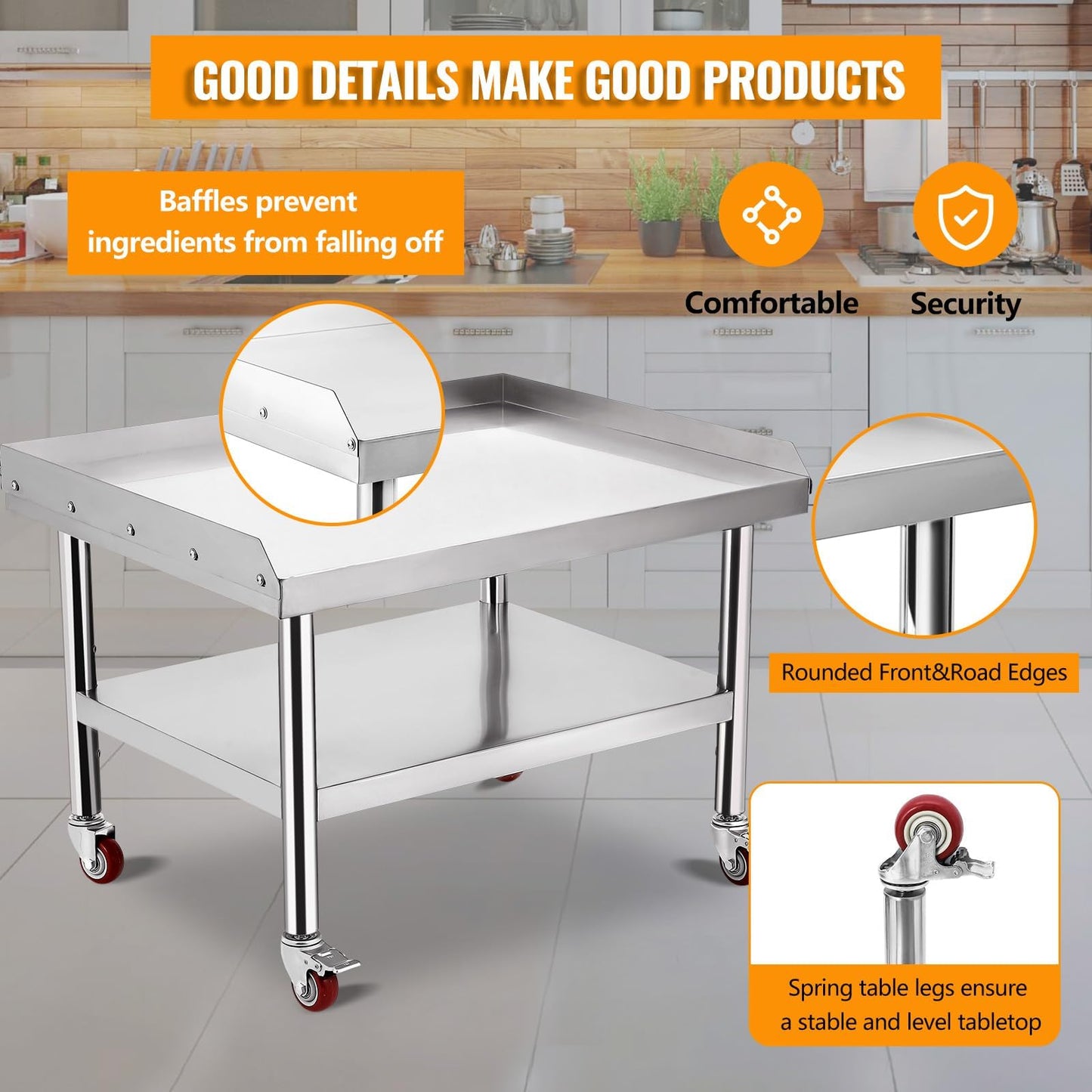 Garvee Stainless Steel Commercial Work Table with Wheels– 36x28 in, 1000 Lbs Capacity, Adjustable Shelf, Heavy Duty Grill Stand Prep Station for Professional Kitchen, Restaurant or Home