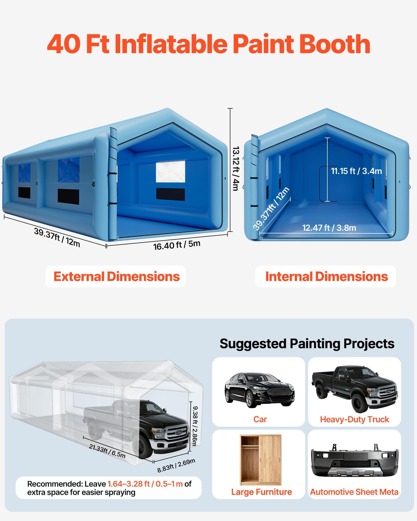 VEVOR Inflatable Paint Booth, 39.37 x 16.40 x 13.12 ft, Inflatable Spray Booth with 950W+1100W Blowers, Air Filter System, Triangular Roof, for Painting Car, Truck, Furniture, Automotive Sheet Metal