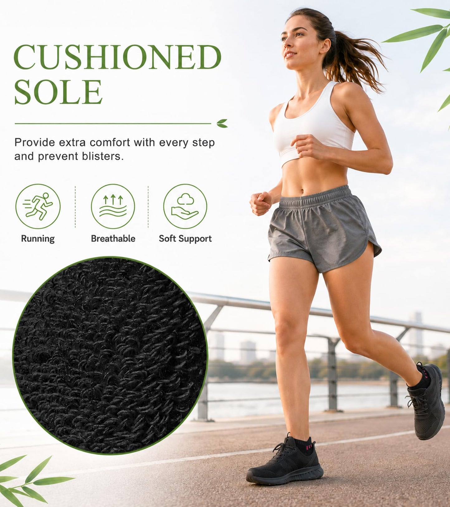 floconssy Ankle Socks for Women, Bamboo Viscose Black Cushioned Running Socks Low Cut Athletic Short Footies with Heel Tab 5 Pairs Size 6-9
