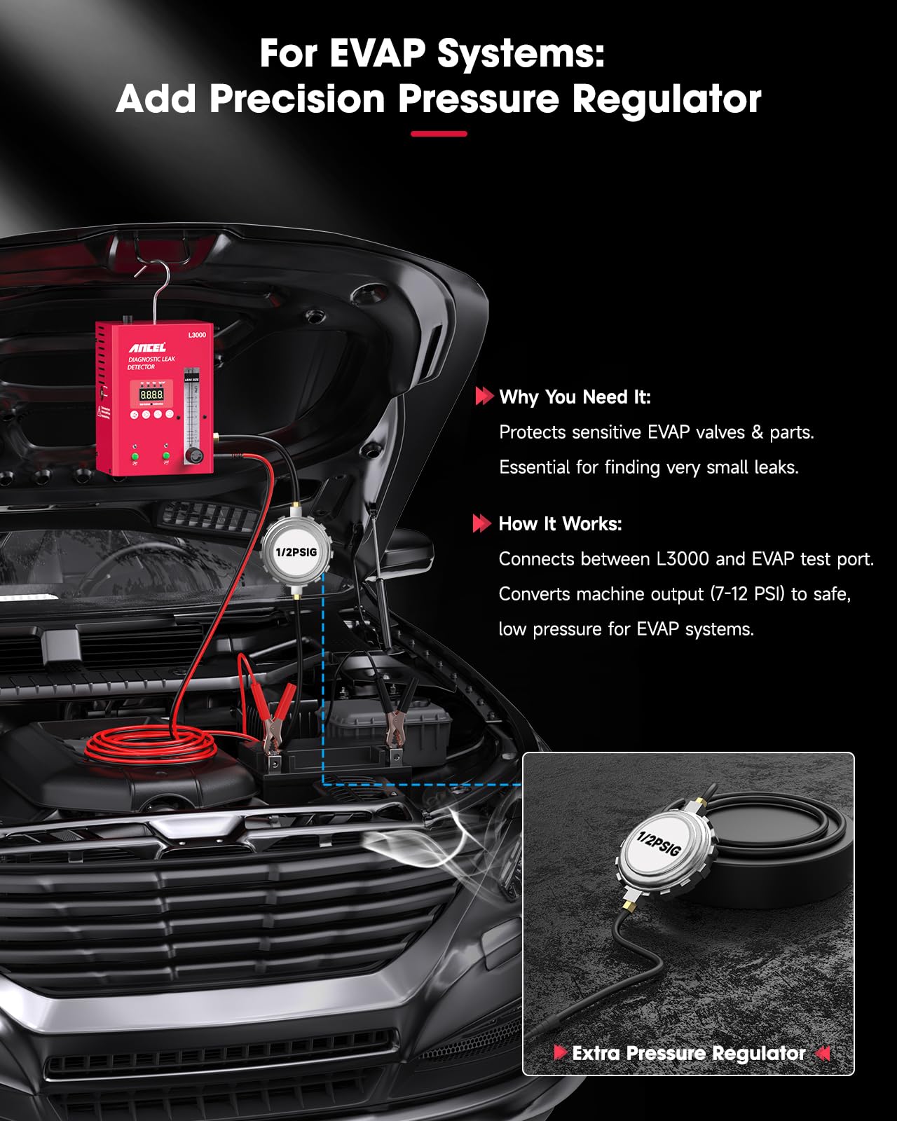 ANCEL L3000 Digital Automotive Smoke Leak Detector with LED Pressure Gauge – EVAP System & Full-Vehicle Leak Tester for Gasoline and Diesel Engines, Professional Smoke Machine Tool