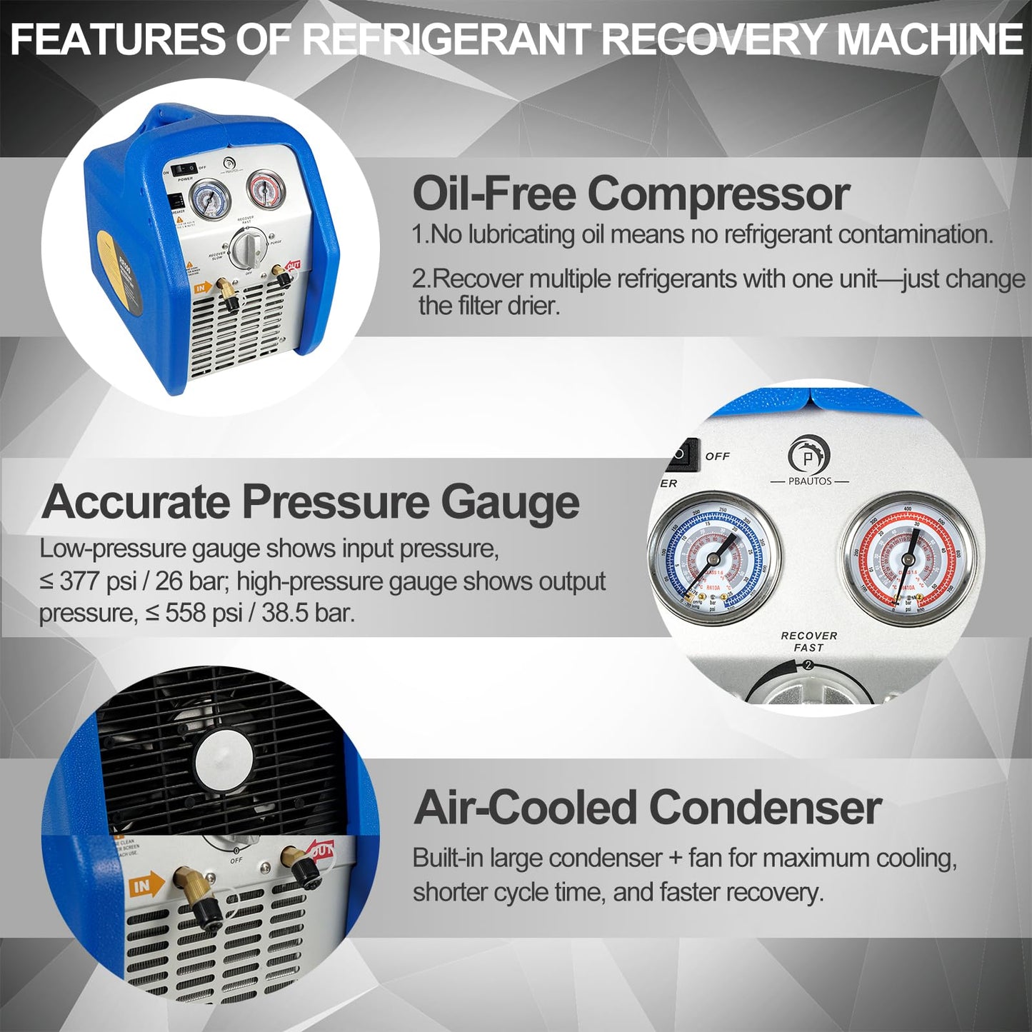 P PBAUTOS 1HP Dual Cylinder Refrigerant Recovery Machine, 110V-120V 60Hz Portable Oil-less Freon Recycling Unit for Both Liquid and Vapor Refrigerant, for Automotive A/C System, Household HVAC System