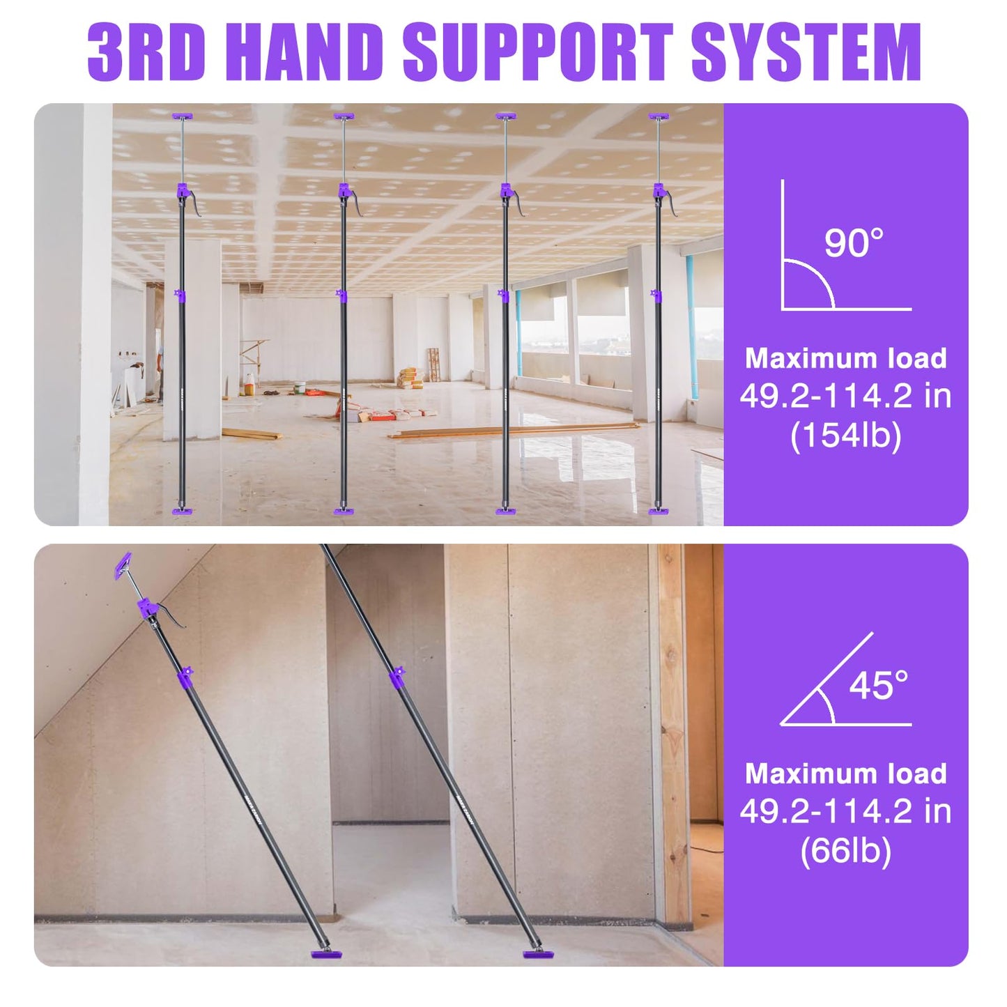 Quality Steel Adjustable Cabinet Jack Support Pole, Quick Support Rod & Drywall Jack, Zip wall Dust Barrier Poles, 3rd Hand Support System 154LB, Cabinet Installations from 49.2-114.2 in, 4-Pack