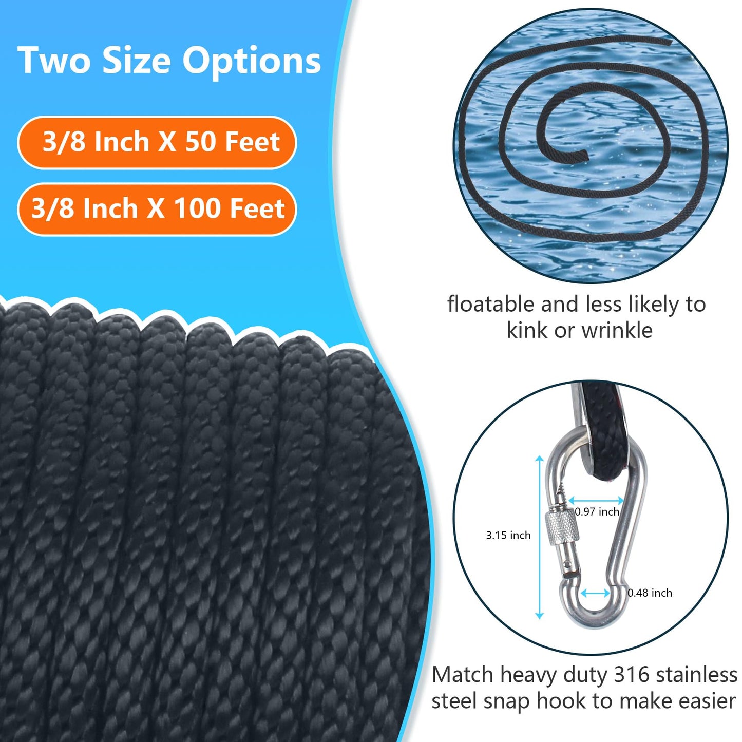 3/8 Inch 50 FT Anchor Rope, Boat Anchor Rope Solid Braid MFP, Anchor Line with 316 Stainless Steel Thimble and Snap Hook - Black