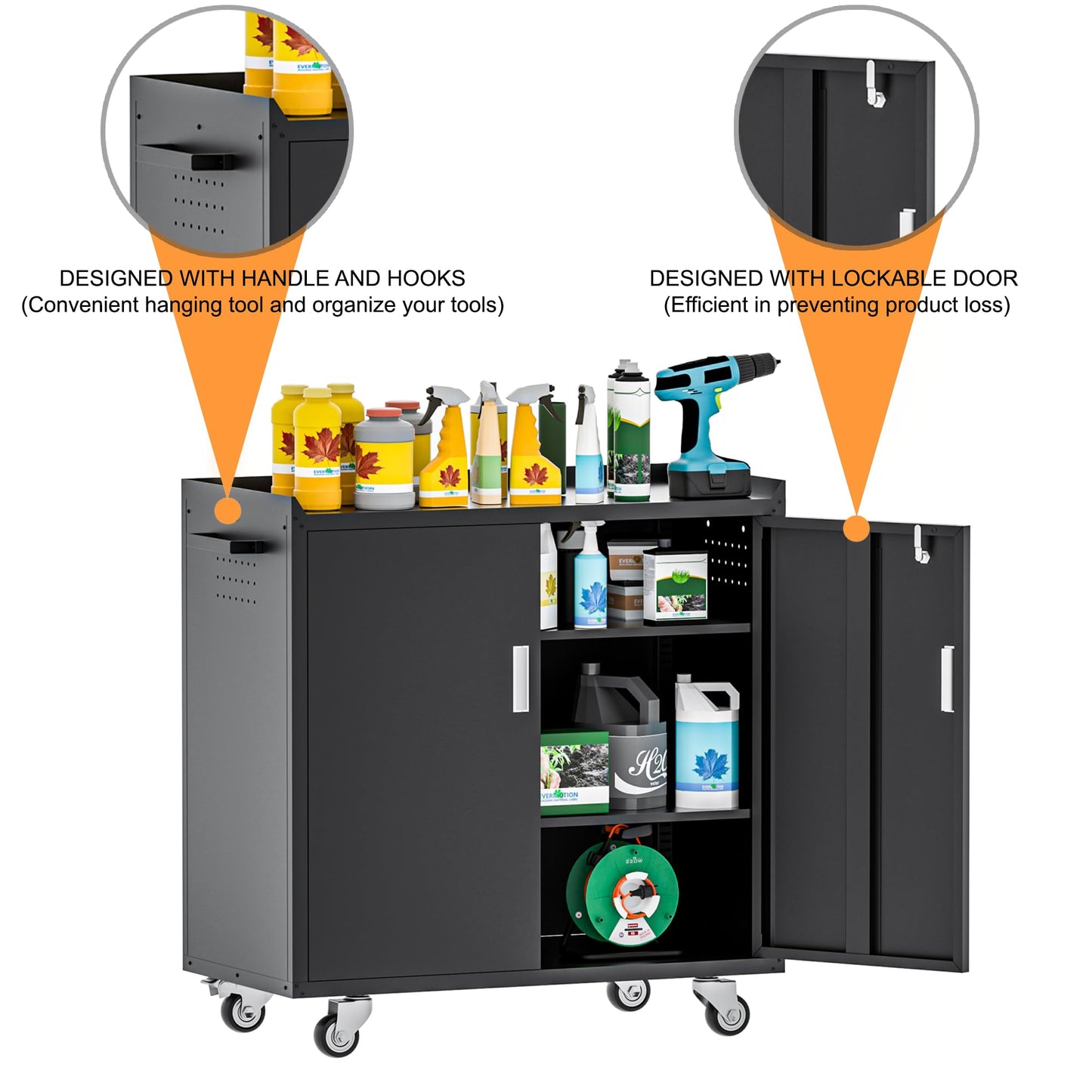 Baborokic Black Garage Cabinet with Wheels,Metal Storage Cabinet,Lockable Storage Cabinet with Doors and Adjustable Shelves,Tool Chest,Rolling Metal Tool Cabinets for Garage,Warehouse,Basement