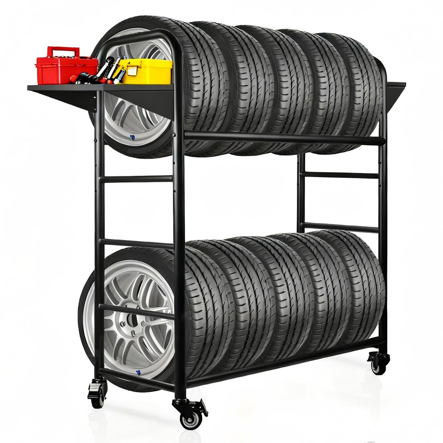 Togarhow Tire Rack, 59 x 57 x 20 Inches Garage Tire Storage Stand with Storage Tray 218KG/480LBS Capacity, 2 Storage Shelf & 4 Swivel Casters Rolling Tire Storage Rack, Black