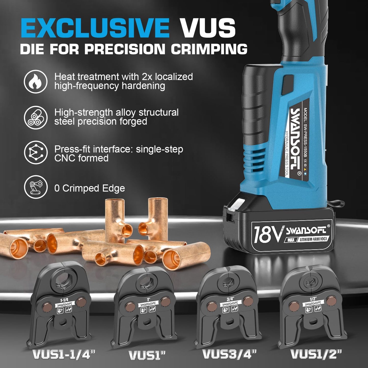 SWANSOFT Pro Press Tool, 18V 4Ah Hydraulic Copper Crimping Tool Electric with 4 US Standard Jaws 1/2", 3/4'', 1", 1-1/4" Pro Press Copper Crimper Tool Plumbing Pro Press Tool Kit