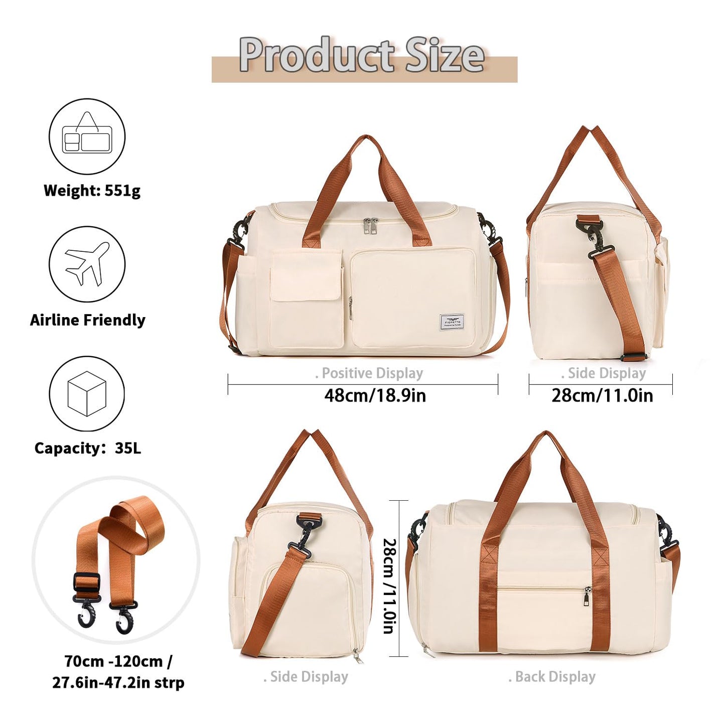 FIORETTO Women's Gym Duffle Bag with Shoes Compartment, 30L Capacity, Ideal for Travel, Gym, Sports, Duffel, Weekender, Beige& Brown