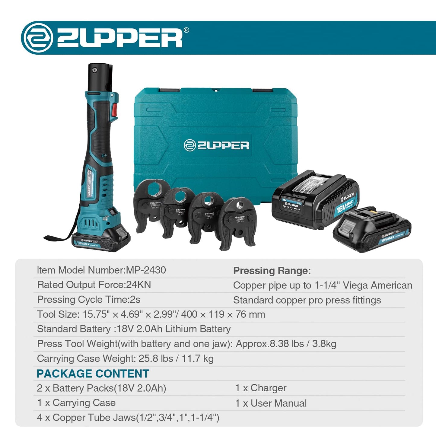 ZUPPER Press Tool, 18V Electric Pipe Crimping Tool for 1/2" to 1-1/4" Copper Pipes, Compact Press Tool Kit Suitable for Copper ProPress fittings - with Brushless Motor, 4 VUS Press Jaws, 2pcs Battery
