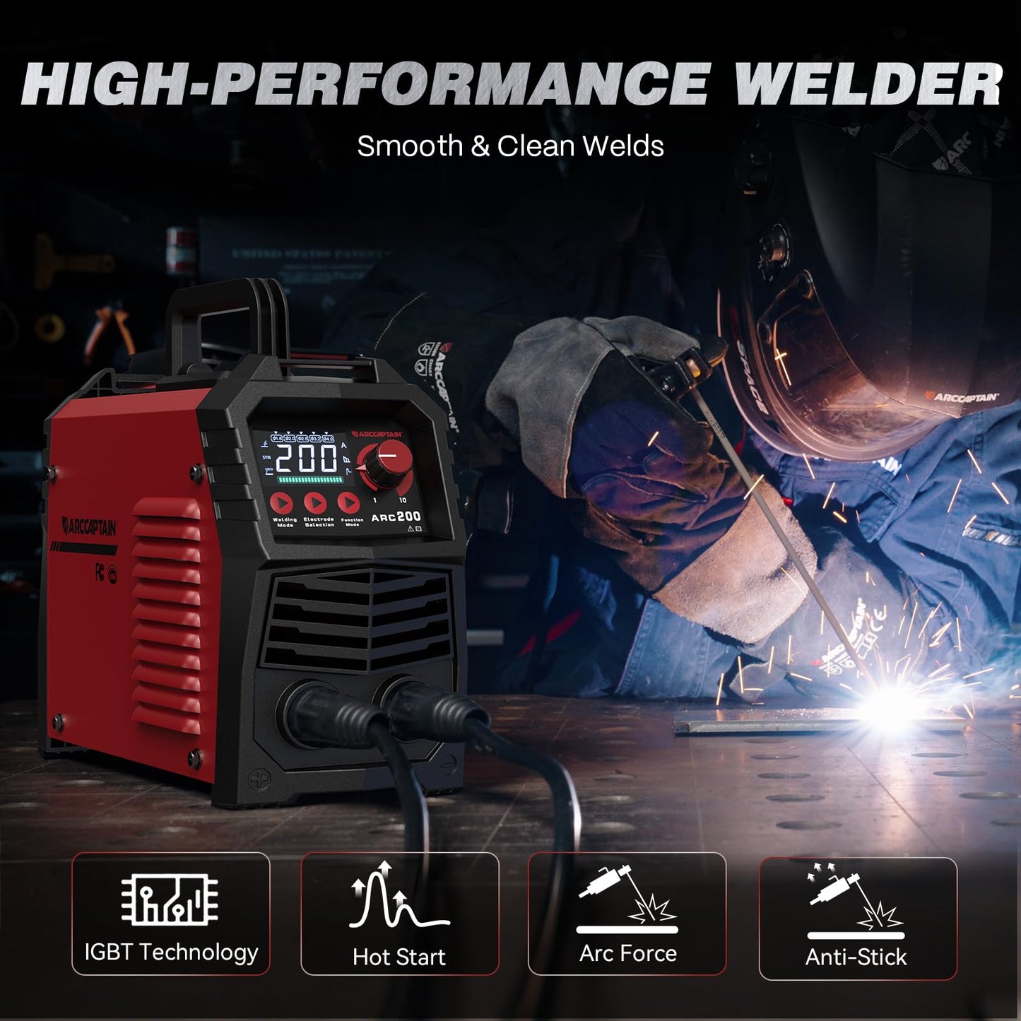 ARCCAPTAIN Stick Welder, [Large LED Display] 200A ARC/Lift TIG Welding Machine with Synergic Control, IGBT Inverter 110V/220V Portable MMA Welder Machine with Hot Start, Arc force and Anti-Stick