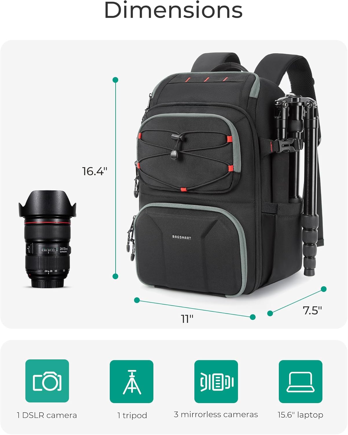 15.6" BAGSMART Camera Bag for Photographers, Professional Camera Bag Fits up to Laptop, DSLR/Drones/Tripod Camera Case