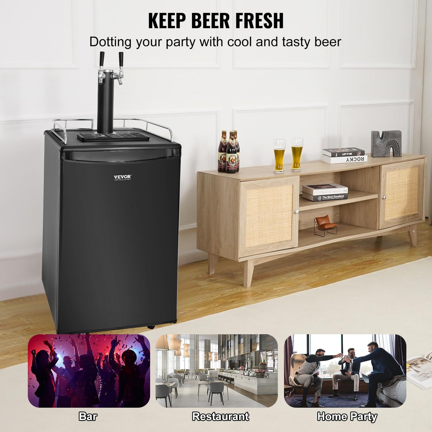 VEVOR Beer Kegerator, Dual Tap Commercial Draft Beer Dispenser for D system, Full Size Keg Refrigerator with 5lbs CO2 Tank, Hold 2 Sixth / 2 Ball lock keg, Black