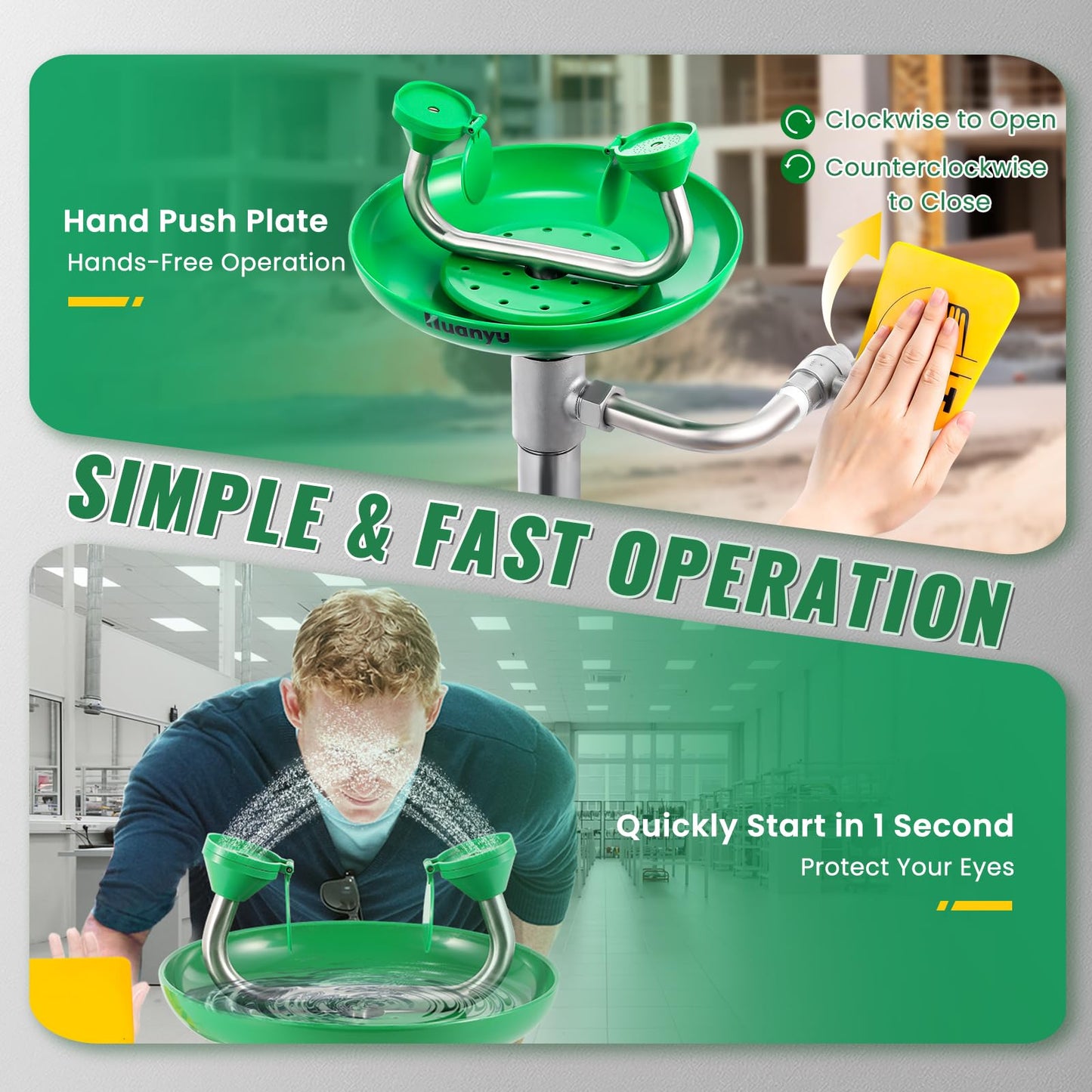Huanyu Emergency Eye Wash Station Floor Mount Adjustable Water Flow Stand Up Eye Wash Station Eyewash Stations Stainless Steel Eye Wash Units Factory (1202-1 Green)