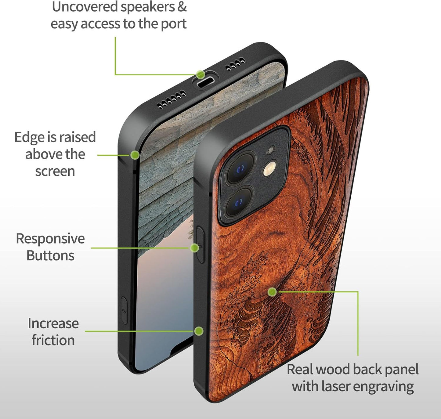 Carveit 12 Magnetic Wood Case for iPhone Case [Natural Wood & Soft TPU] Shockproof Protective Unique & Classy Wooden